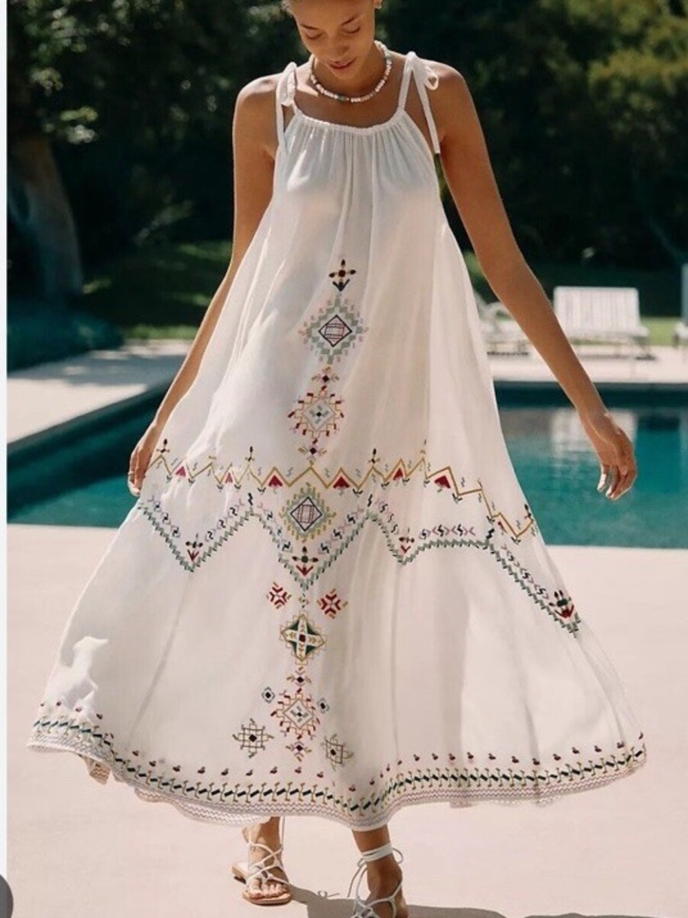 Anthropologie Cream Embroidered Halter Maxi Dress - Picture 2 of 5